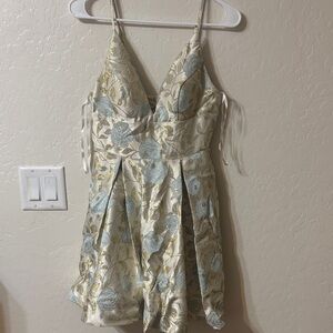 B Darlin Cream Dress with Light Blue Floral and Gold Accents